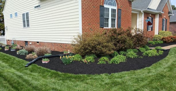 Beautiful landscaped yard with vibrant flowers, fresh mulch, and carefully manicured grass.