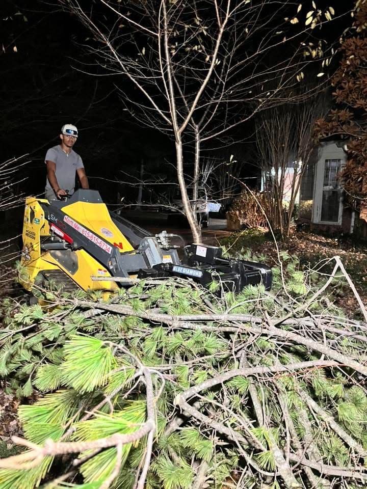 Tree removal equipment in use at night, with operator clearing fallen branches and debris.