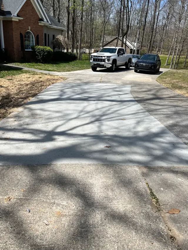 Residential driveway with two parked cars surrounded by trees and shadows.